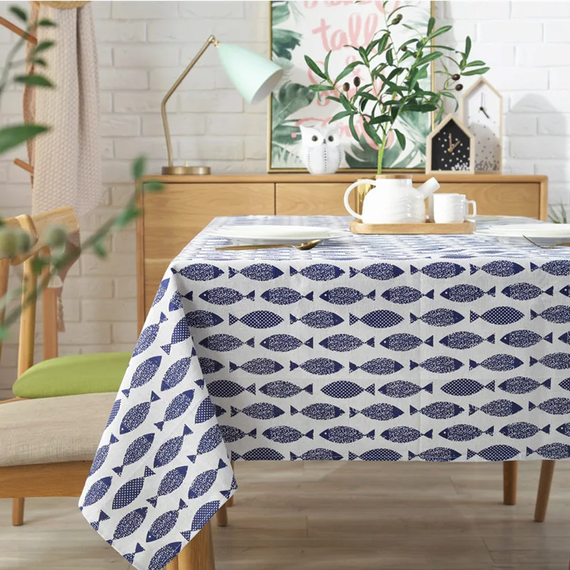 

Thicken Cotton Linen Tablecloth Simple Blue Fish Print Cover Japanese Style Washable Table Cloth for Wedding Tea Table