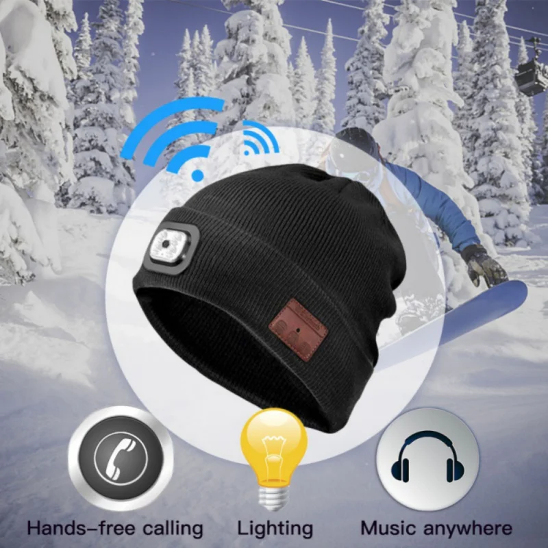 4 High Brightness LED Bluetooth Headphone Beanie Hat Outdoor Sports Wireless Headset Rechargeable Headlamp Cap with Mic