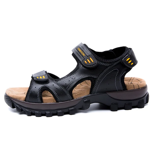 Мужские сандалии из натуральной кожи с открытым носком для взрослых дышащая мягкая удобная летняя Уличная обувь римские пляжные сандалии размеры 38-45 - Цвет: BLACK