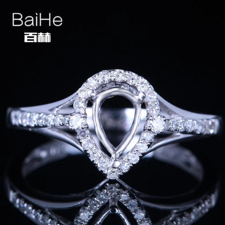 BAIHE Solid 14 K, белое золото, сертифицированная груша, помолвка, для женщин, милые/Романтические ювелирные изделия, элегантные уникальные кольца с полукреплением