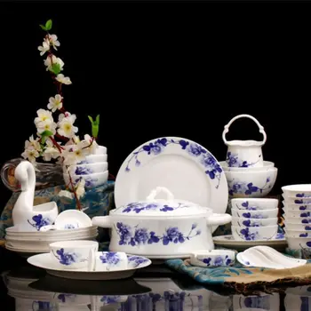 

Hand-painted Blue and White Chinese-style Jingdezhen Living Room Bone Porcelain Tableware Set 60 Pieces Bone Porcelain Hotel Res