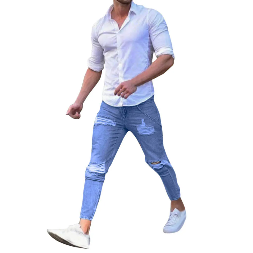 

Ripped Jeans For Men's Hole Stretchy Ripped Skinny Biker Jeans Destroyed Taped Slim Fit Denim Pants For Male