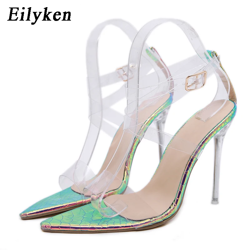 

EilyKen New Sandals Fashion Ankle Strap Pointed High Heels Women Sandals Buckle Strap Clear PVC Candy Color Sexy Serpentine