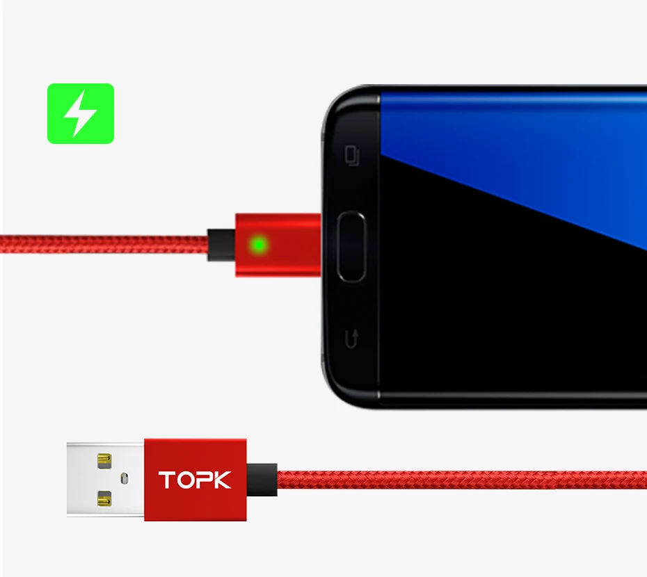 Topk 2.4A Магнитная Micro usb-кабель Модернизированный плетеный нейлоновый светодиодный индикатор быстрой зарядки магнит Зарядное устройство кабель для Micro USB телефоны