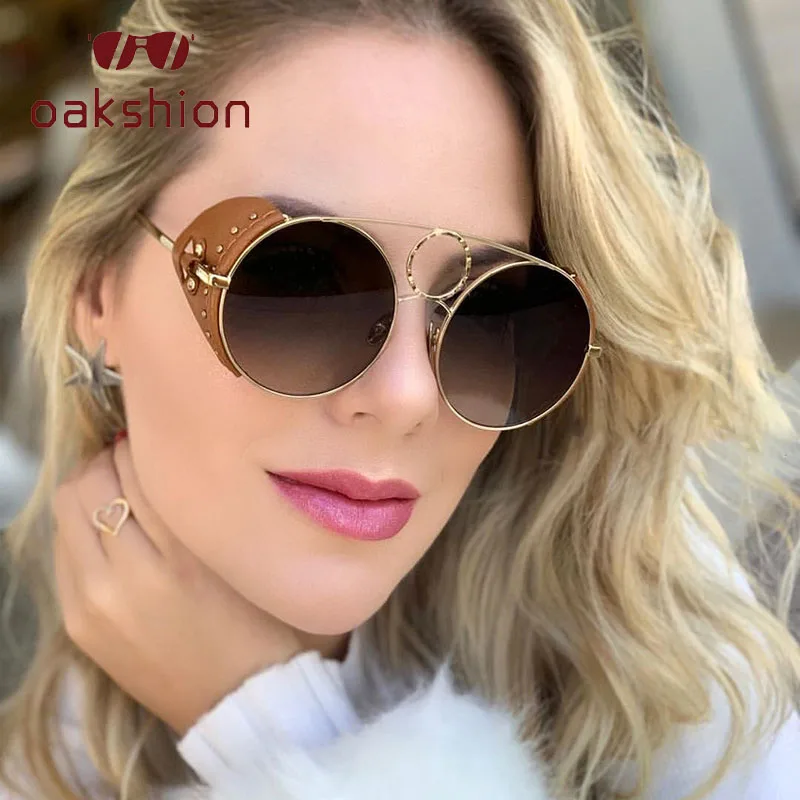 oakshion New Steampunk Metal Shields Women Sunglasses Men Ladies Round Gradient Sun Glasses Tide Leather Rivets Eyewear For Male |