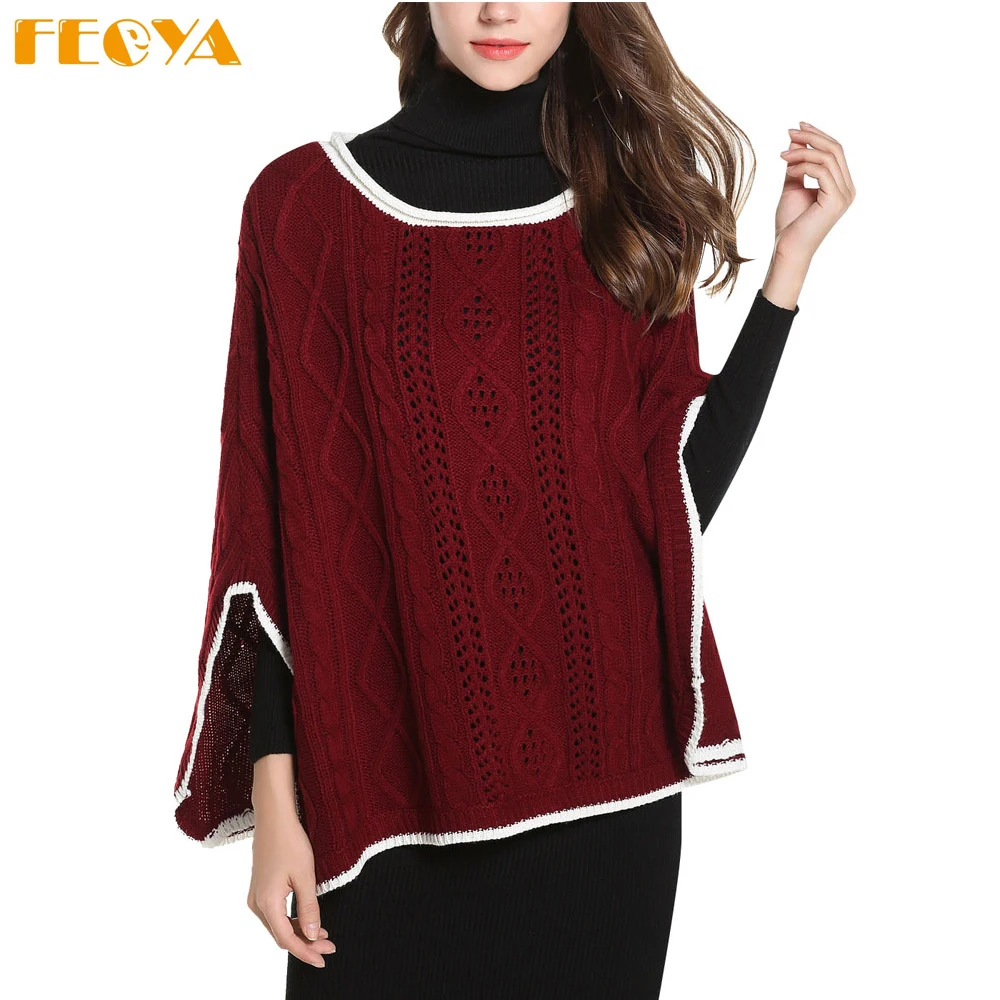 Feoya Women Cloak Shawl knitted Pullover Sweater Hooded Loose Capes