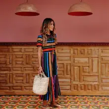 Новинка, женское летнее богемное Полосатое длинное платье макси с коротким рукавом, вечерние пляжные сарафаны