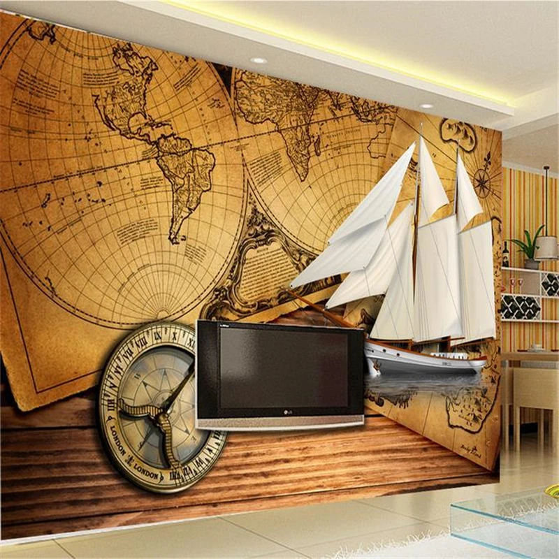 

beibehang HD 3d world map with ship murals Europe TV backdrop brick wallpaper living room bedroom muralspapel de parede