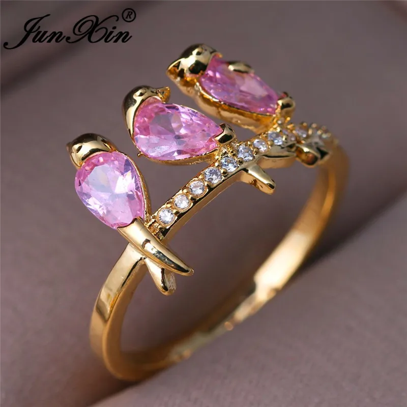 JUNXIN Cute Animal Pink Birds Rings For Women Yellow Gold Filled Red Stone Green Purple Zircon Birthstone Ring Female Wedding