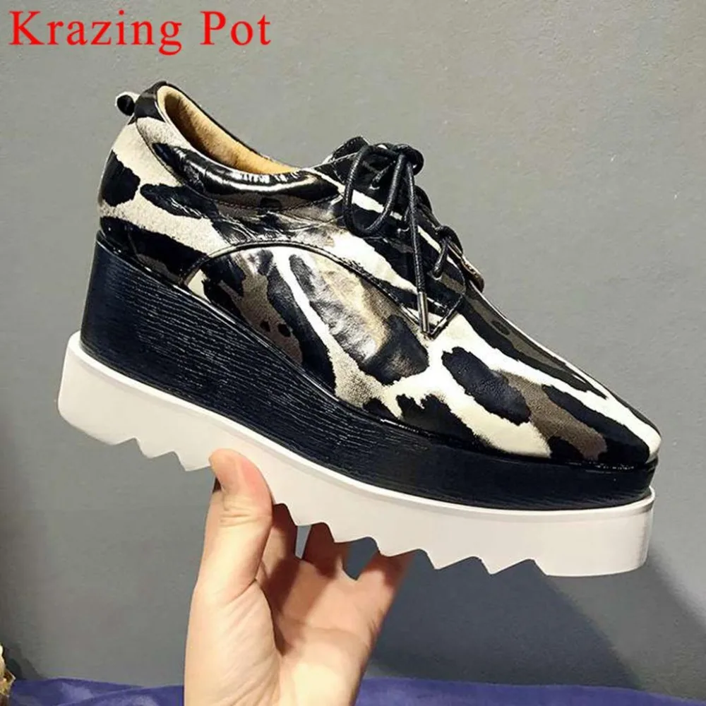 

Popular leopard mixed colors high quality British style gorgeous pumps modern girls high heels square toe lace up punk shoes L18