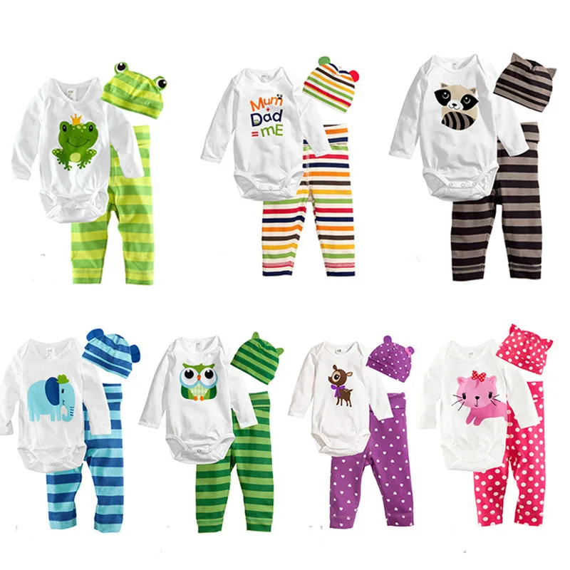 

2019 Baby Rompers Long Sleeve Cotton Baby Girl Clothes Cartoon Animal Baby Boy Romper+Hat+Pant Newborn Clothing Sets 11 Colors