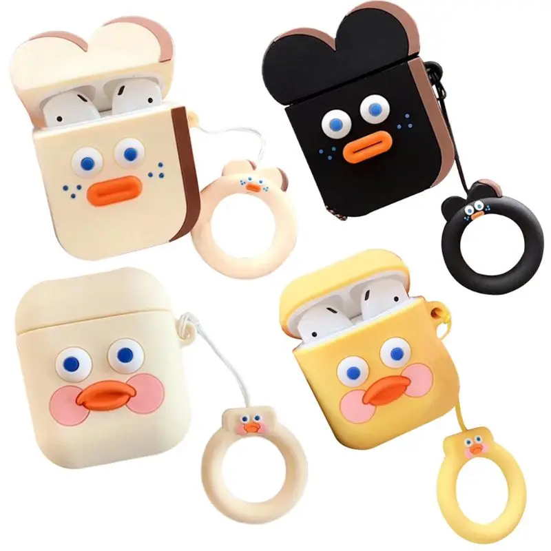 

Cute Duck/Toast Pattern Soft Silicone Protective Cover Shockproof Carrying Case with Lanyard for Airpods 1/2 Charging Box