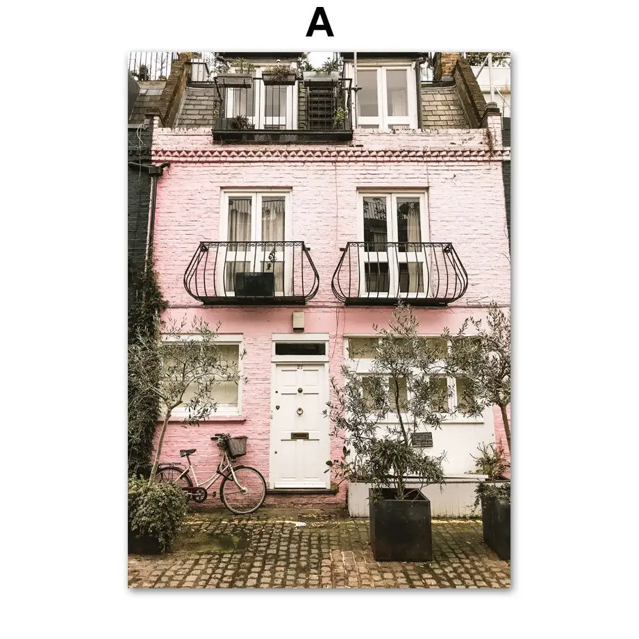 Парижская улица, дорога, автомобиль, настенная живопись на холсте, розовые скандинавские плакаты и принты, пейзаж, настенные картины для декора гостиной - Цвет: A