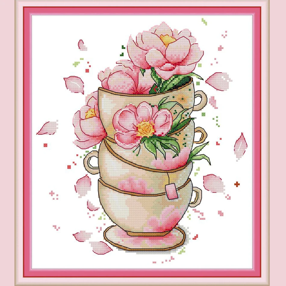 Joy Sunday цветок на чашке кофе Набор для вышивки крестиком тканью печати рукоделие