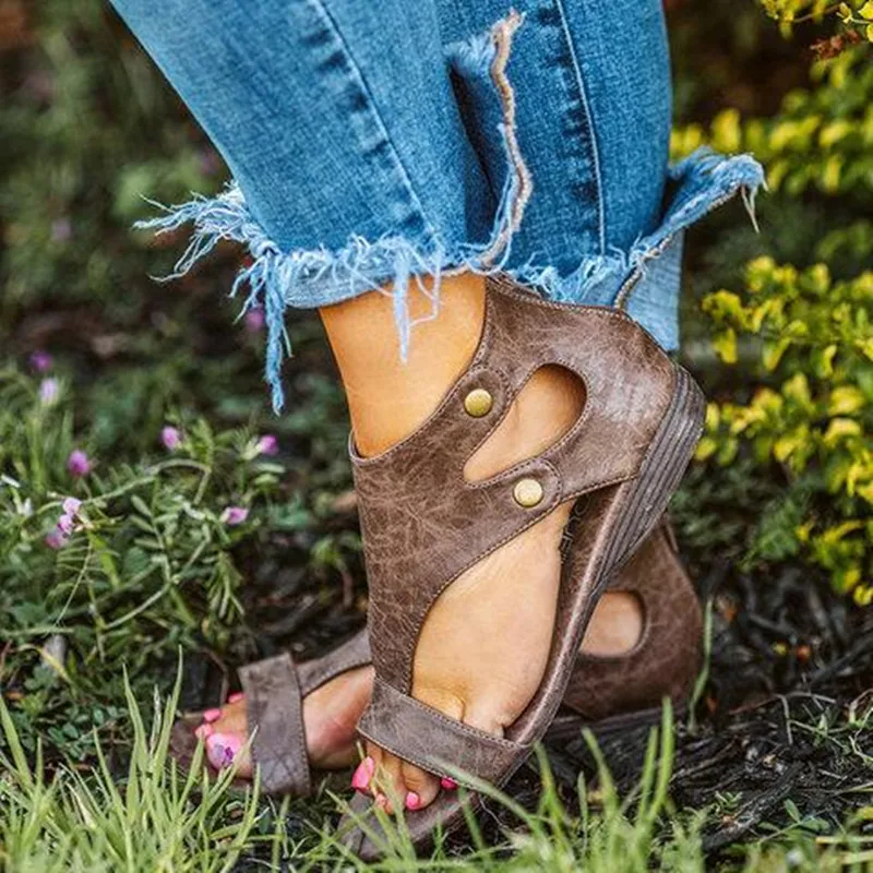 Retro Summer Flat Sandals Shoes Women Plus Size Female Peep Toe Zipper Beach Shoes Casual Solid Rome Sandals Footwear#40