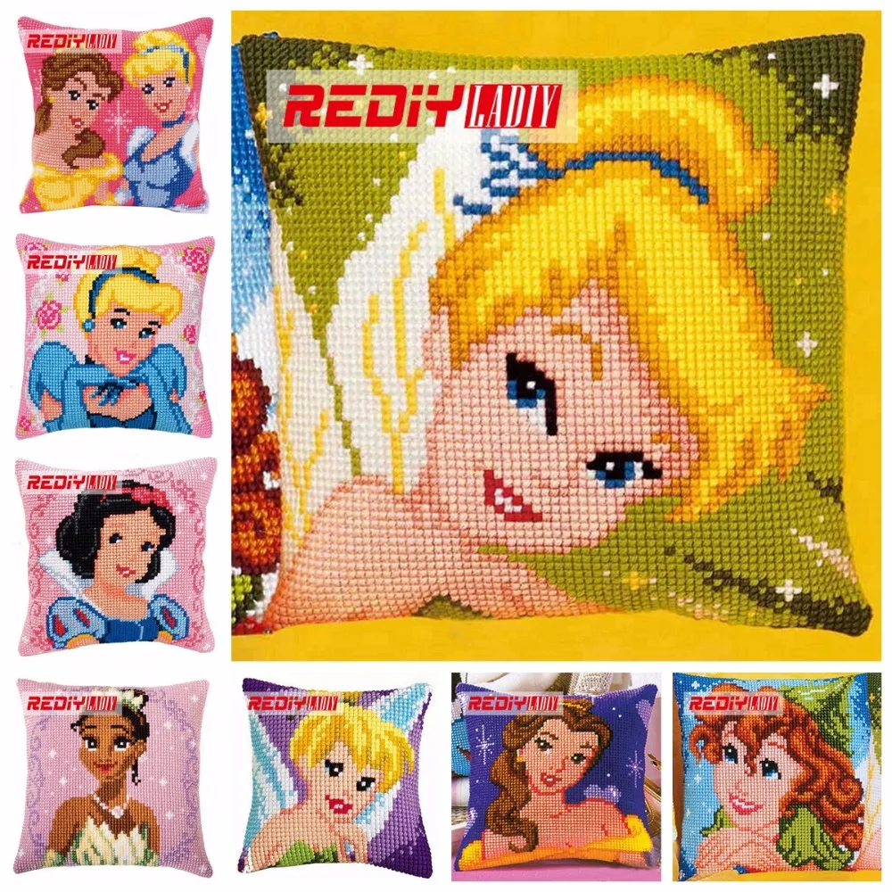 Online REDIY LADIY Cross Stitch Dibujos Animados Funda de Cojín Funda de Almohada Princesa Gruesos Kits de Punto de Cruz Hilo para Bordar Cojines