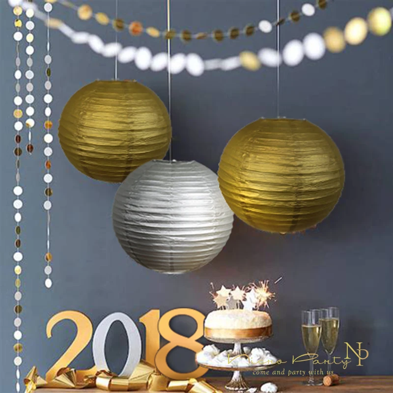 

Nicro 10'' Gold Silver Round Paper Lanterns Lamp Round Chinese Paper Lantern for DIY Wedding Birthday Party Kids Decoration