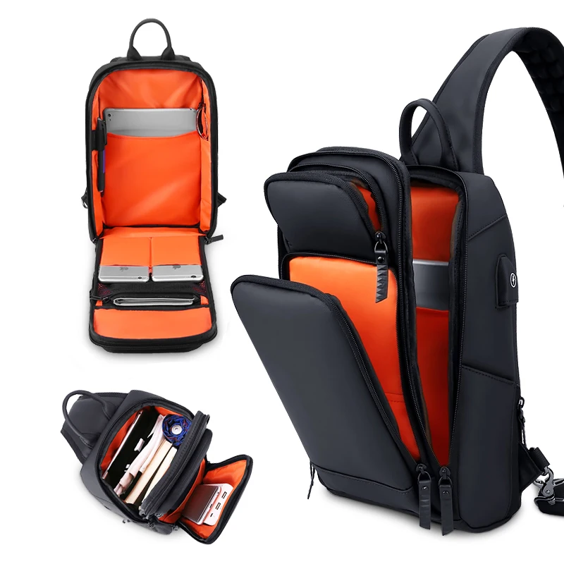 رو الأسود الصدر حزمة الرجال عارضة الكتف Crossbody حقيبة USB شحن حقيبة صدر للرجال طارد المياه السفر حقيبة ساعي الذكور الأزياء