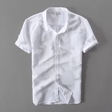 Простая стильная модная белая рубашка с отложным воротником и коротким рукавом, мужская повседневная рубашка из хлопка и льна, летняя рубашка Camisa masculina