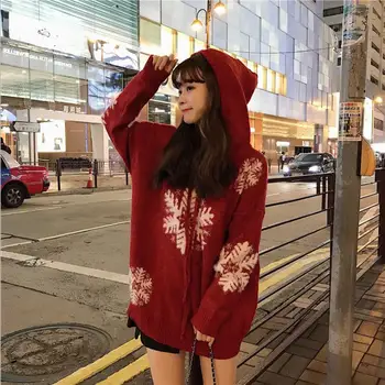 

Christmas Female Pullovers Winter Print Women Clothing Long-Sleeved Casual Loose Hooded Knit Sweater Elasticity Top S085