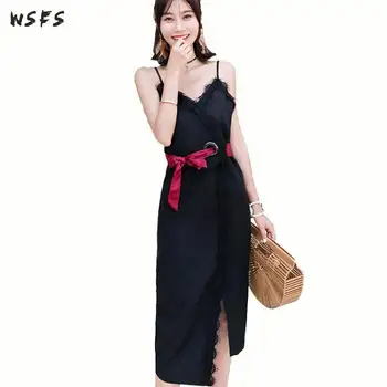 

Summer Lace Dresses Vneck Spaghetti Strap Backless Women Elegant Dress Office Bodycon Sexy Patry Sashes Midi Asymmetrical Dress