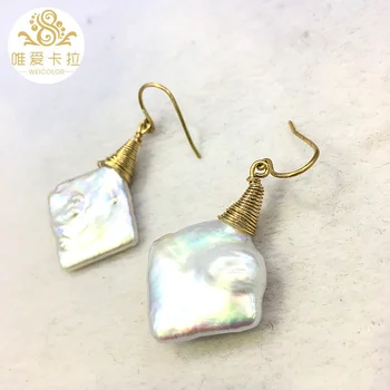 

WEICOLOR Square Shaped White Natural Pearl Earring Hook Jewelry With Light Gold Color Metal Not Easy to Lose Color.
