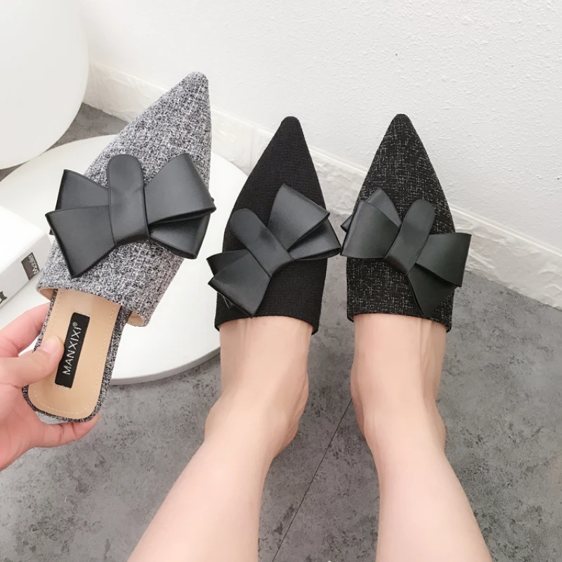 

2019 Summer Female Mules Women Shoes Slides Hemp Mules Outdoor Slipper Flatwith Butterfly-knot Woman Pointed Toe Shoes Slippers
