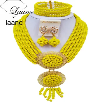 

Laanc Fashionable Opaque Yellow Nigerian Beads Jewelry Set for Women African Bridal Jewelry Sets 6PHLS018
