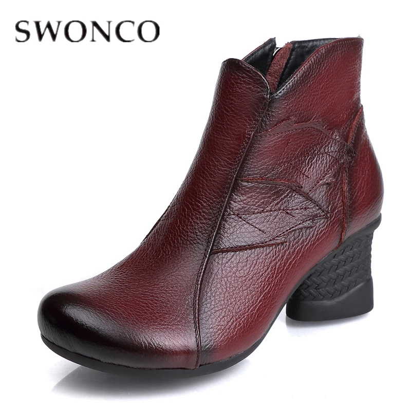 

SWONCO Women Boots Autumn/Winter Boots Genuine Leather Fretwork Ladies Retro Wine Ankle Boots Thick Heel 2019 Woman Winter Boot
