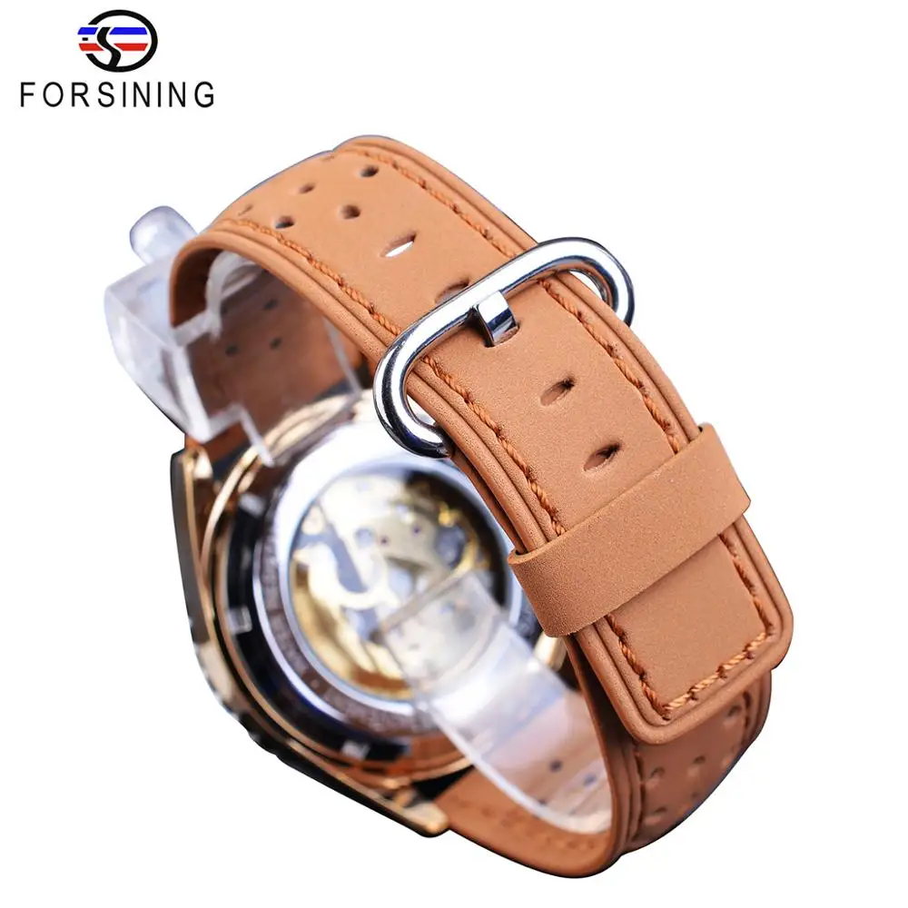 Forsining Creative Mechanical Sport Watches Men's Automatic Half Color Dial Brown Leather Band Racing Outdoor Watch Reloj Hombre_voghion.com