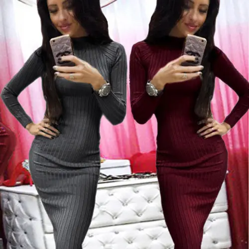 

Women Autumn Winter Knitted Long Sleeve Round Neck Sweater Slim Dress Pencil Dress