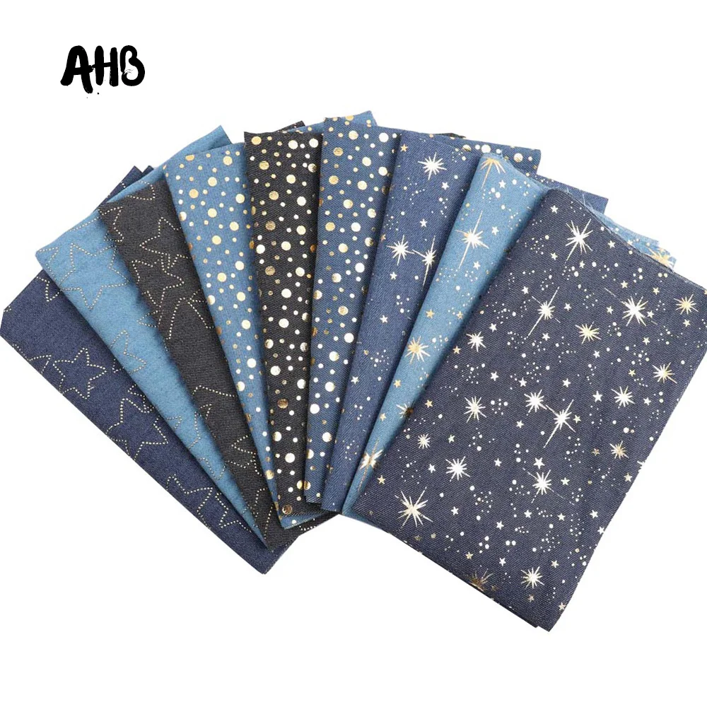 

AHB 40*50CM Soft Cotton Denim Fabric Dots Star Foil Patchwork Fabric Material For DIY Baby Clothes Skirt Sewing Quilt Materials