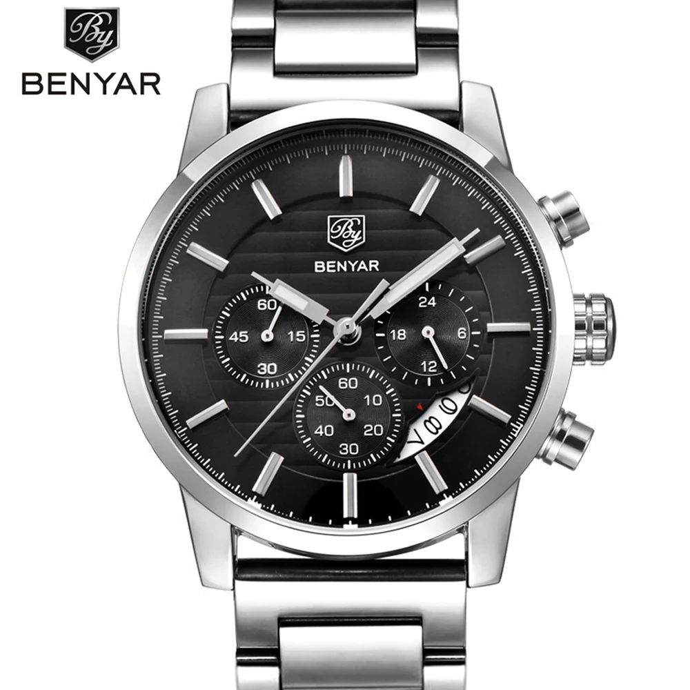 Men's Sports Chronograph Quartz Watch Leather& Stainless Steel Strap