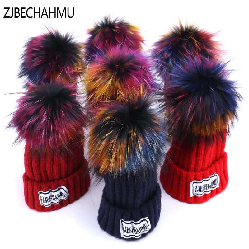 

ZJBECHAHMU Hats Fashion Real Fox Fur Pompoms 15cm Skullies Beanies Hat Caps For Women Girl Spring Winter Solid Wool Snapback Hat