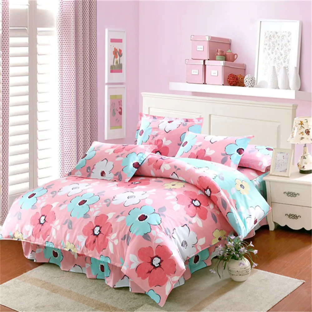 

New Hot sell Pink white flowers Bedding sets 100%cotton 4pcs duvet cover bed skirts pillowcases twin/single full size bedclothes