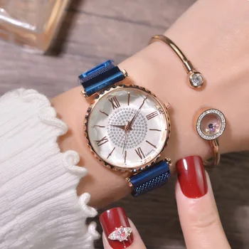 

Rhinestone Women Quartz Watches Magnetic Mesh Strap Luxury Simplicity Ladies Casual Dress Rose Gold New Gem Cut Relogio Feminino