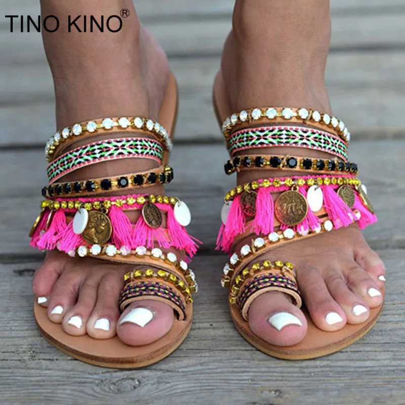 

TINO KINO Women Bohemia String Bead Summer Slippers Ladies Crystal Flat Plus Size Clip Toe Casual Ethnic Shoes Female Flip Flops