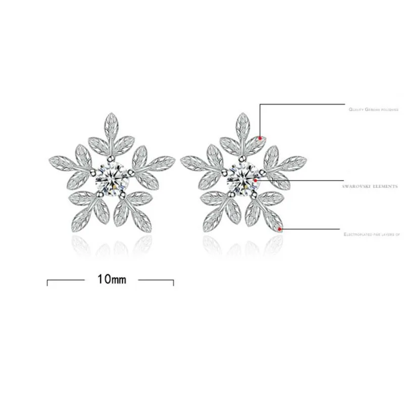 Anenjery 925 пробы серебряные серьги-гвоздики со снежинками, цирконием и кристаллами для женщин, цветы, листья, украшения для ушей, серьги oorbellen