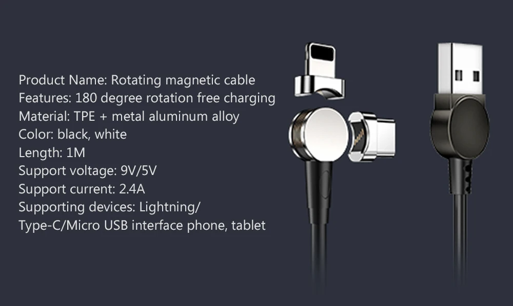 Магнитный кабель для быстрой зарядки и передачи данных с вращением на 180 градусов для IPhone, samsung, Xiaomi, магнитные кабели для зарядки