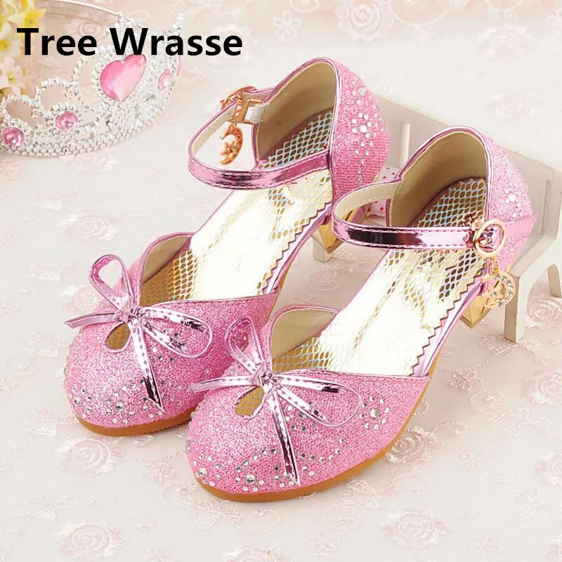 

2018 Girls Princess Shoes Kids New Bowtie Sandals Children High-heeled Leather Shoes Spring Girl Rhinestone Party Dance Shoes