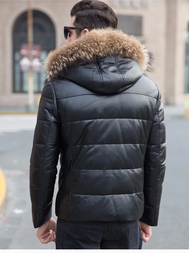 Зимняя кожаная мужская куртка, модная куртка из натуральной овечьей кожи, мужские куртки-пуховики с меховым воротником, теплая парка, пальто jf0161