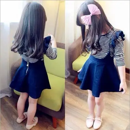 

Autumn Clothing Sets For Girls Denim Straps Skirts Suit Two-piece Striped Long-sleeved T-shirt Ensemble Fille Baby Clothes