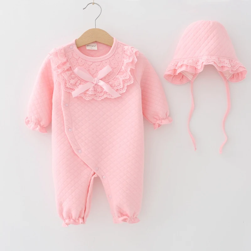 Для новорожденных Bebes для первого Комплекты одежды комбинезон + Кепки девушки кружева высокое качество одежда на Новый год с длинными