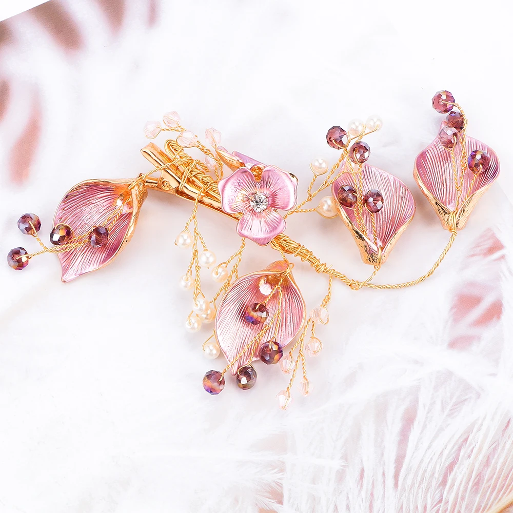

Handmade Elegant Romantic Enamel Flower Hair Clip Crystal Pearl Bride Hairpin Headdress Hair Ornament Accessories Jewelry Gift