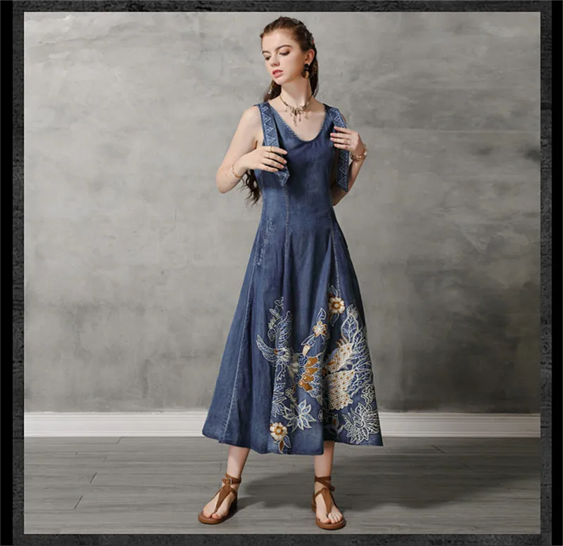 Summer Tank Dress 2019 Vintage Cotton Women's Denim Dresses O-Neck Sleeveless Woman Embroidery Swing Hem Sundress Ke82168 (12)