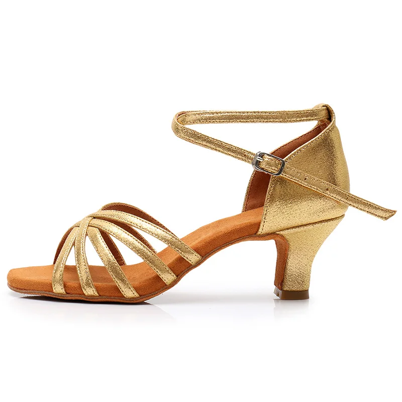 Лидер продаж; женская обувь для латинских танцев из атласа и искусственной кожи; бальная танцевальная обувь на каблуке 5 см, 7 см; 8 цветов; женская танцевальная обувь; Size34-42 - Цвет: Gold  5CM