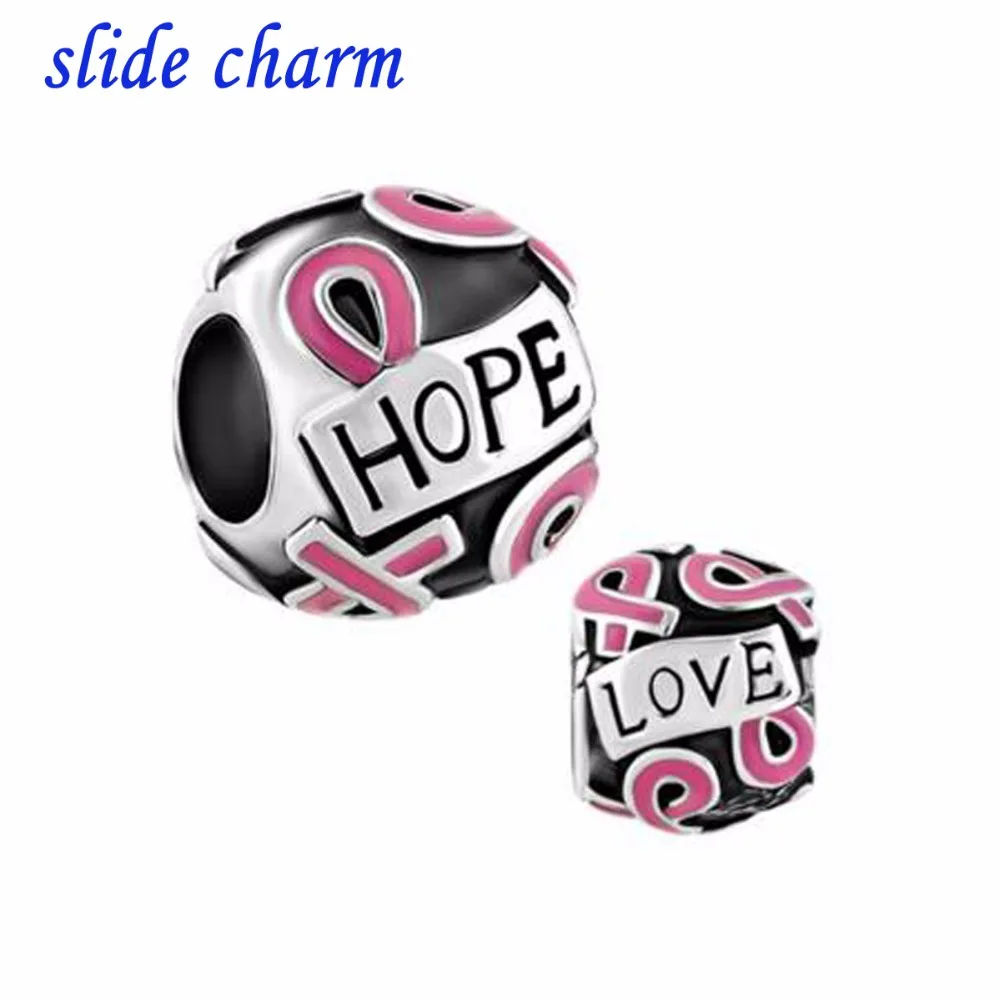 

slide charm Free shipping Valentine's Day gift of love of fashion pink breast cancer ribbon charm beads fit Pandora bracelet