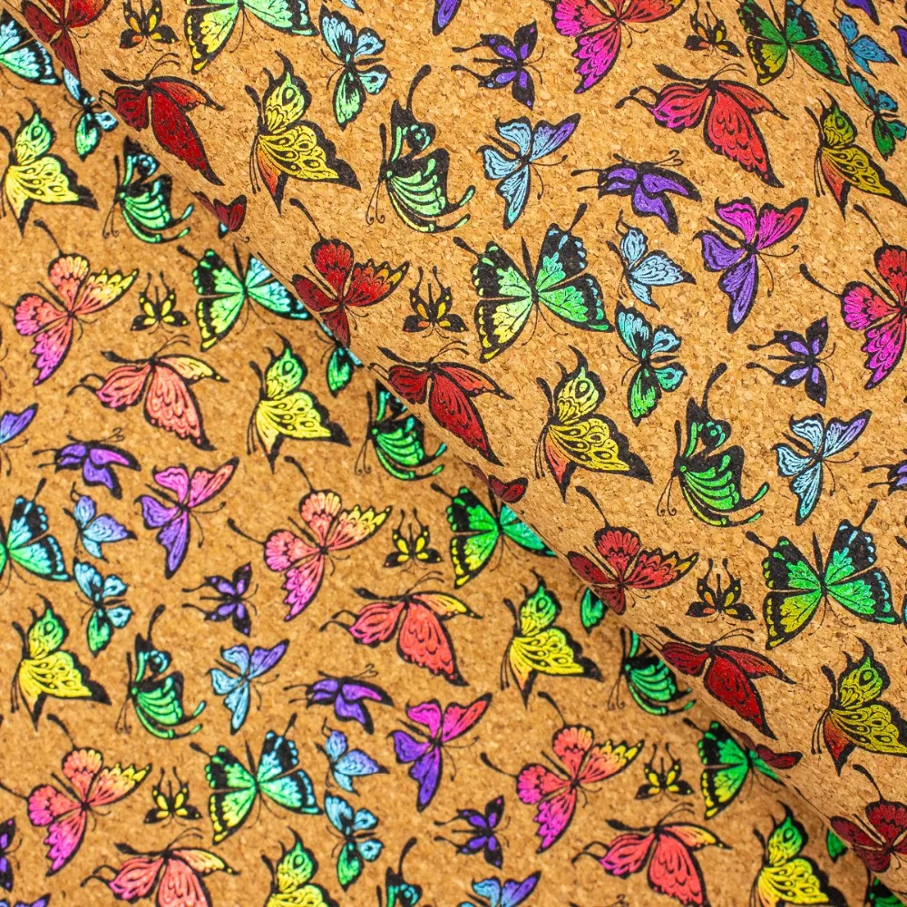 

Natural cork fabric patterned with rainbow butterflies Cork Textile COF-224
