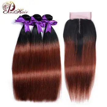

Ombre Bundles With Closure Peruvian Straight Hair 1B 33 Dark Red Human Hair Bundles With Closure Pinshair Nonremy Hair No Tangle