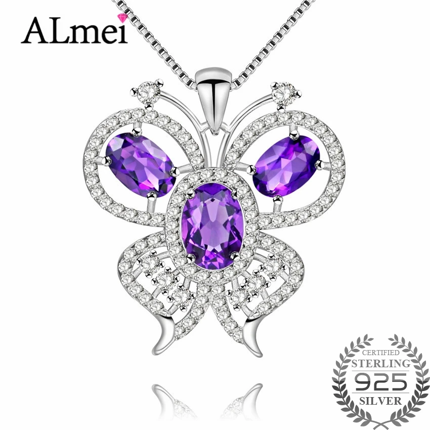 Almei Beautiful Butterfly With 3pcs 1.2ct Amethyst Purple Natural Zircon Pendant Necklace Silver 925 Fine Jewelry with Box CN047 | Украшения
